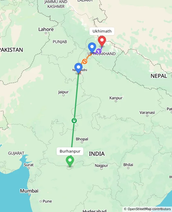 Route map showing distance and travel time from Burhanpur, India to Ukhimath, India
