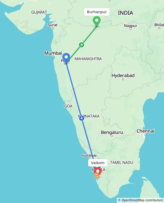 Route map showing distance and travel time from Burhanpur, India to Vaikom, India