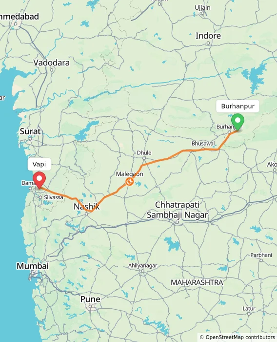 Route map showing distance and travel time from Burhanpur, India to Vapi, India