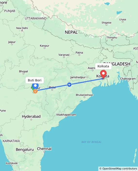 Route map showing distance and travel time from Buti Bori, India to Kolkata, India