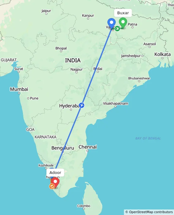 Route map showing distance and travel time from Buxar, India to Adoor, India