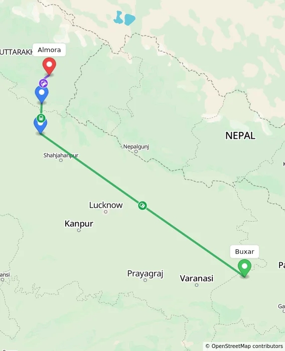 Route map showing distance and travel time from Buxar, India to Almora, India