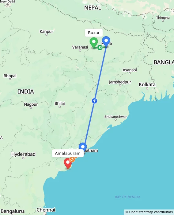 Route map showing distance and travel time from Buxar, India to Amalapuram, India