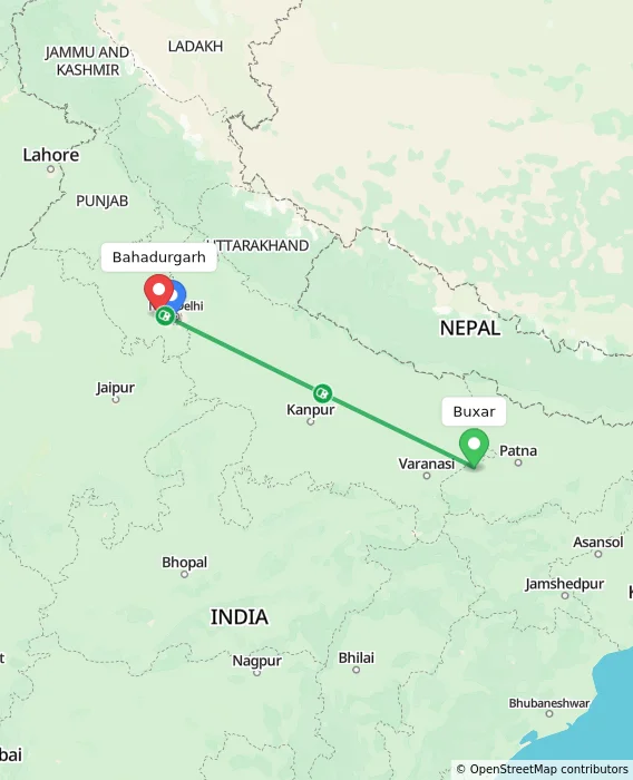 Route map showing distance and travel time from Buxar, India to Bahadurgarh, India