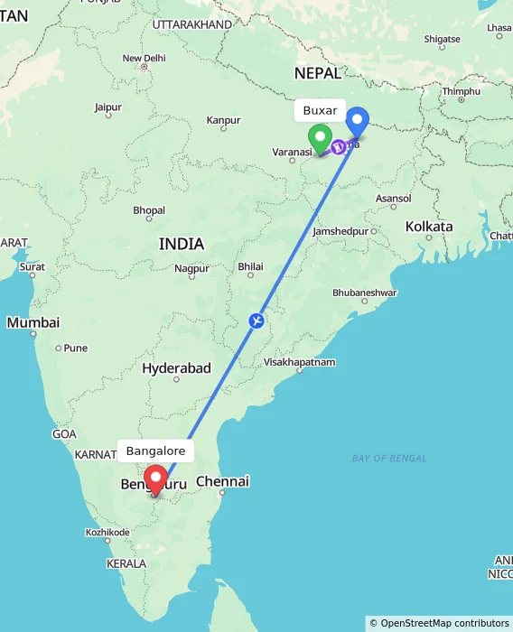 Route map showing distance and travel time from Buxar, India to Bangalore, India