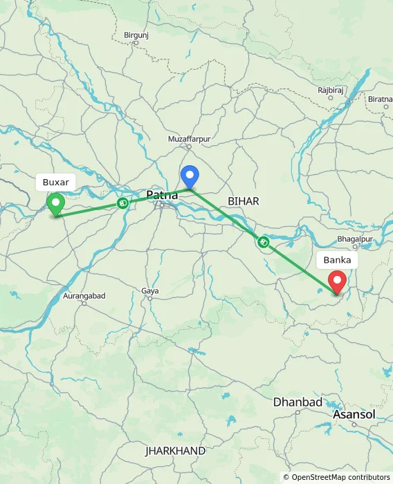 Route map showing distance and travel time from Buxar, India to Banka, India