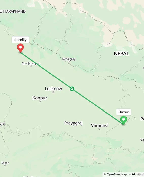 Route map showing distance and travel time from Buxar, India to Bareilly, India