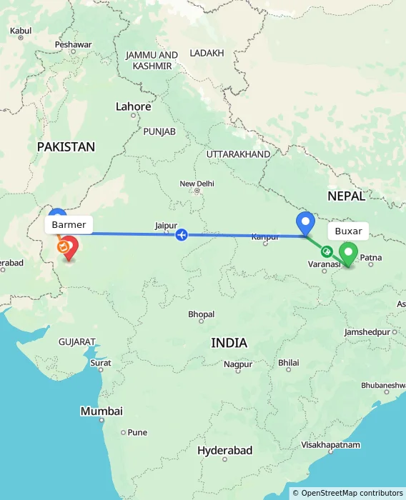 Route map showing distance and travel time from Buxar, India to Barmer, India