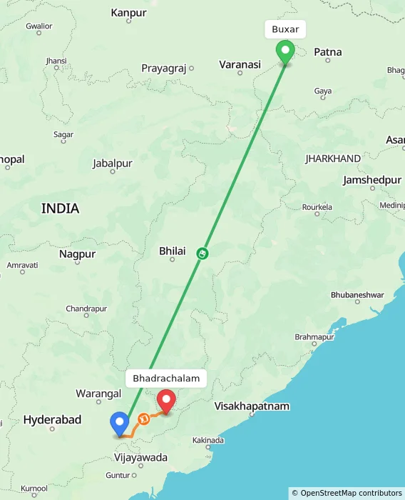 Route map showing distance and travel time from Buxar, India to Bhadrachalam, India