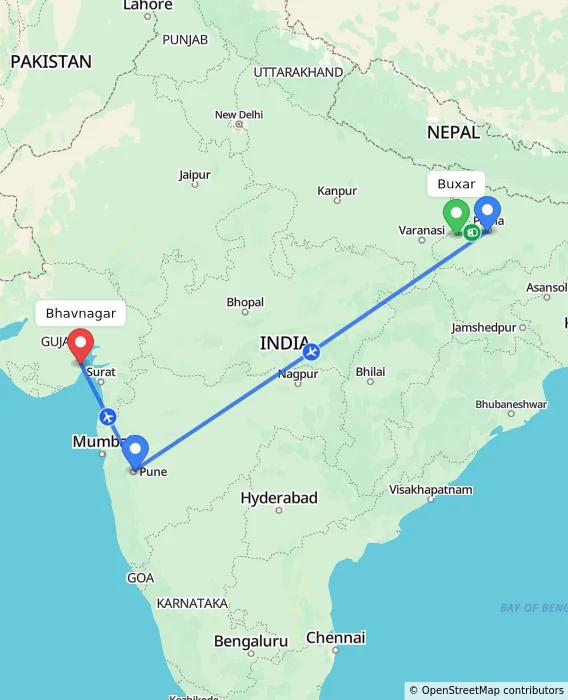 Route map showing distance and travel time from Buxar, India to Bhavnagar, India