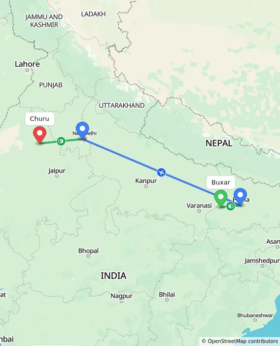 Route map showing distance and travel time from Buxar, India to Churu, India