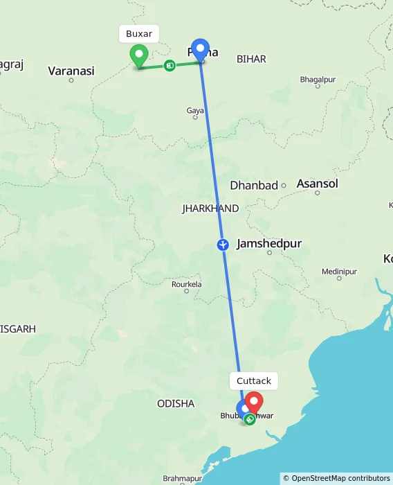 Route map showing distance and travel time from Buxar, India to Cuttack, India