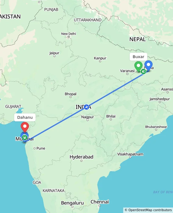 Route map showing distance and travel time from Buxar, India to Dahanu, India
