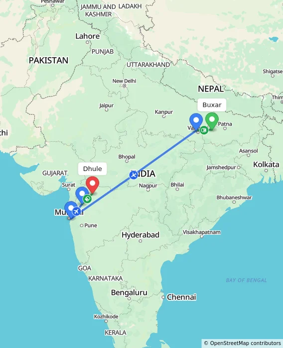 Route map showing distance and travel time from Buxar, India to Dhule, India