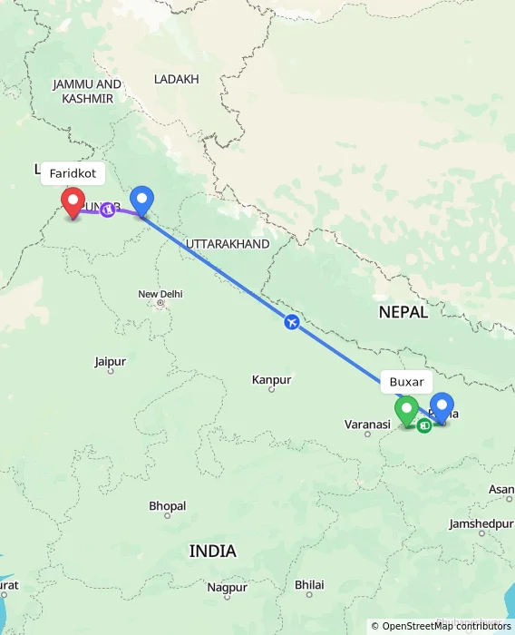 Route map showing distance and travel time from Buxar, India to Faridkot, India