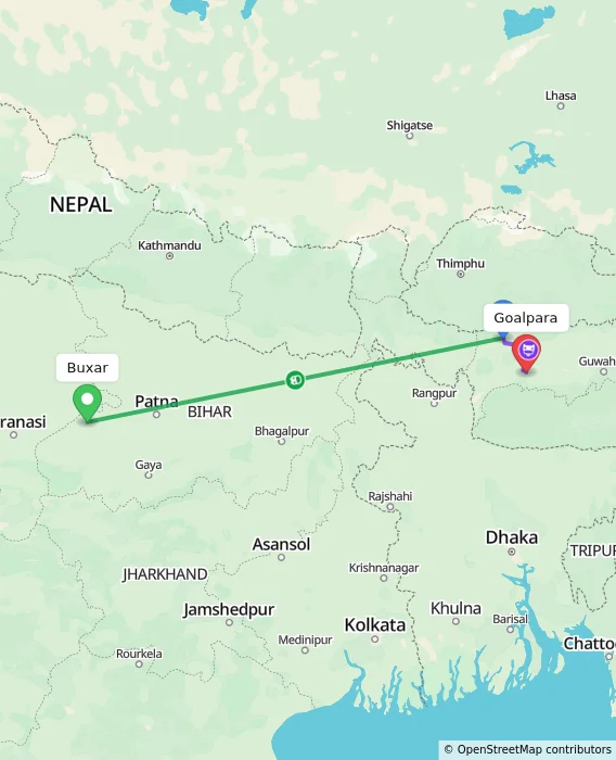 Route map showing distance and travel time from Buxar, India to Goalpara, India