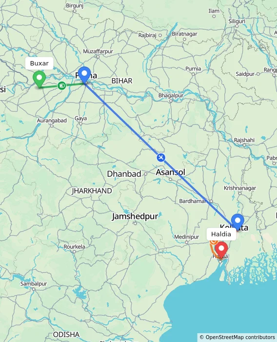 Route map showing distance and travel time from Buxar, India to Haldia, India