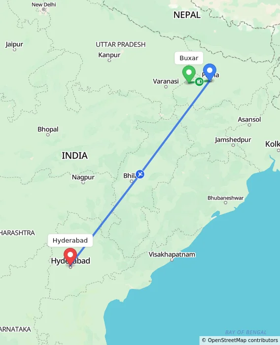 Route map showing distance and travel time from Buxar, India to Hyderabad, India