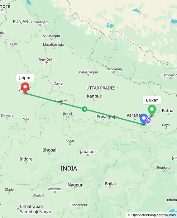 Route map showing distance and travel time from Buxar, India to Jaipur, India