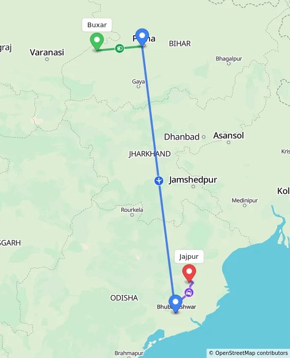 Route map showing distance and travel time from Buxar, India to Jajpur, India