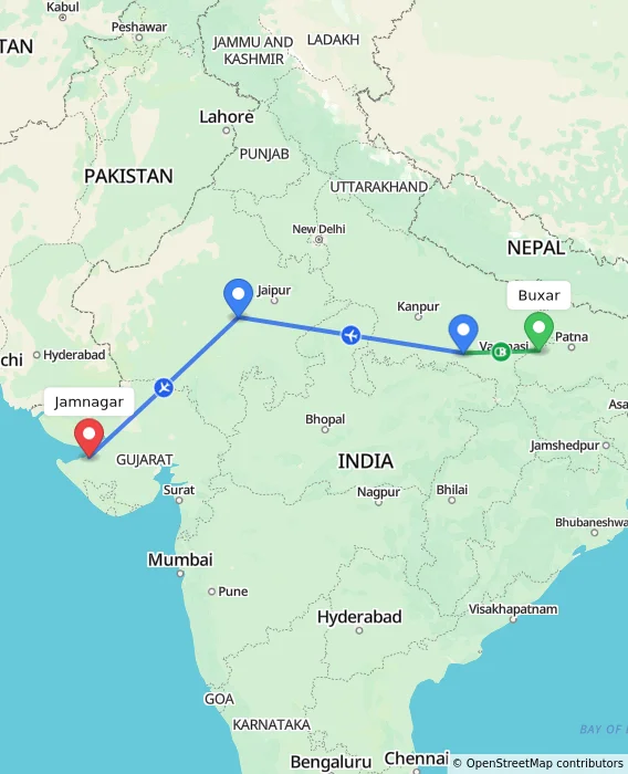 Route map showing distance and travel time from Buxar, India to Jamnagar, India