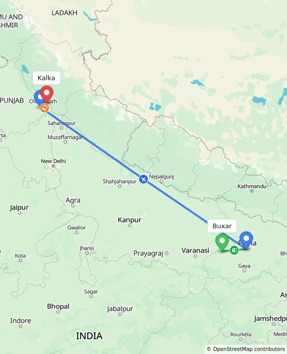 Route map showing distance and travel time from Buxar, India to Kalka, India