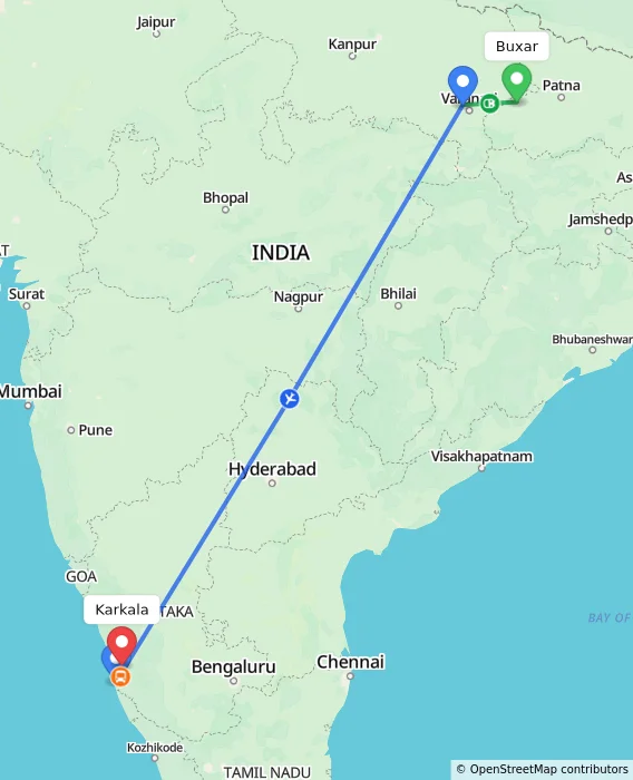 Route map showing distance and travel time from Buxar, India to Karkala, India