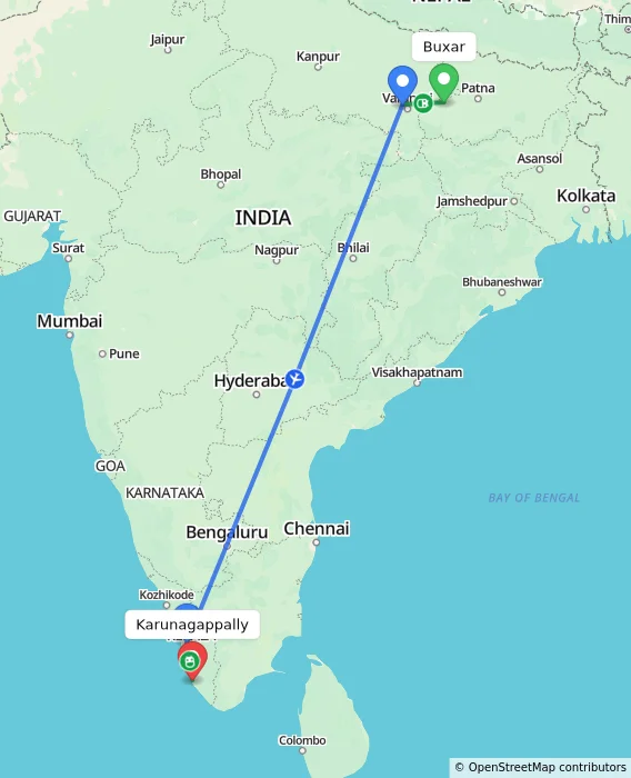 Route map showing distance and travel time from Buxar, India to Karunagappally, India