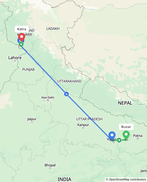 Route map showing distance and travel time from Buxar, India to Katra, India