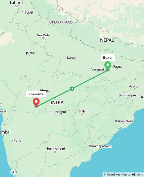 Route map showing distance and travel time from Buxar, India to Khandwa, India