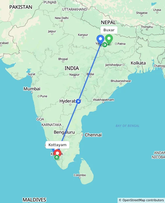 Route map showing distance and travel time from Buxar, India to Kottayam, India
