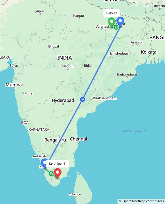 Route map showing distance and travel time from Buxar, India to Kovilpatti, India