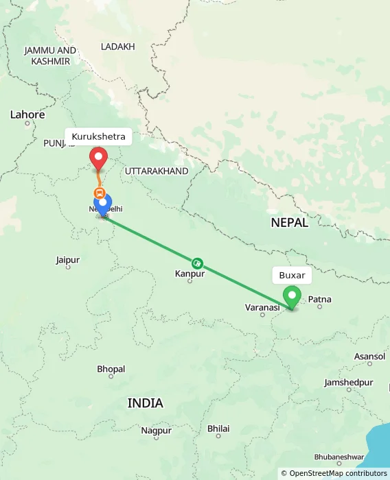 Route map showing distance and travel time from Buxar, India to Kurukshetra, India