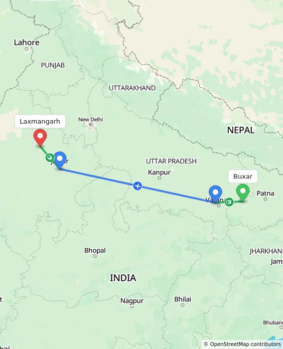 Route map showing distance and travel time from Buxar, India to Laxmangarh, India