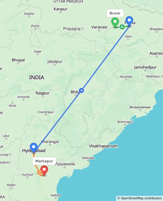 Route map showing distance and travel time from Buxar, India to Markapur, India