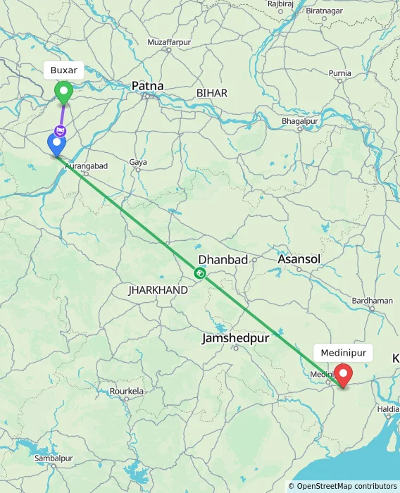 Route map showing distance and travel time from Buxar, India to Medinipur, India