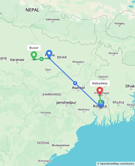 Route map showing distance and travel time from Buxar, India to Nabadwip, India
