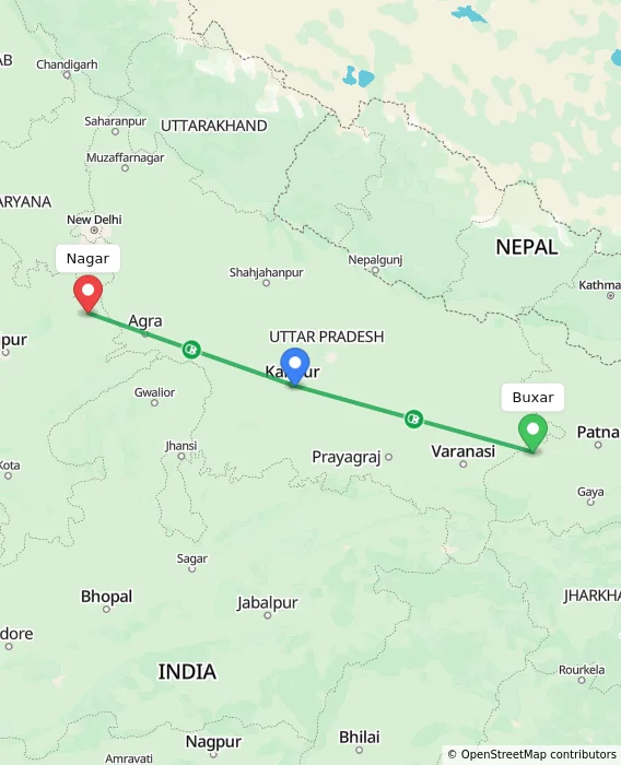 Route map showing distance and travel time from Buxar, India to Nagar, India
