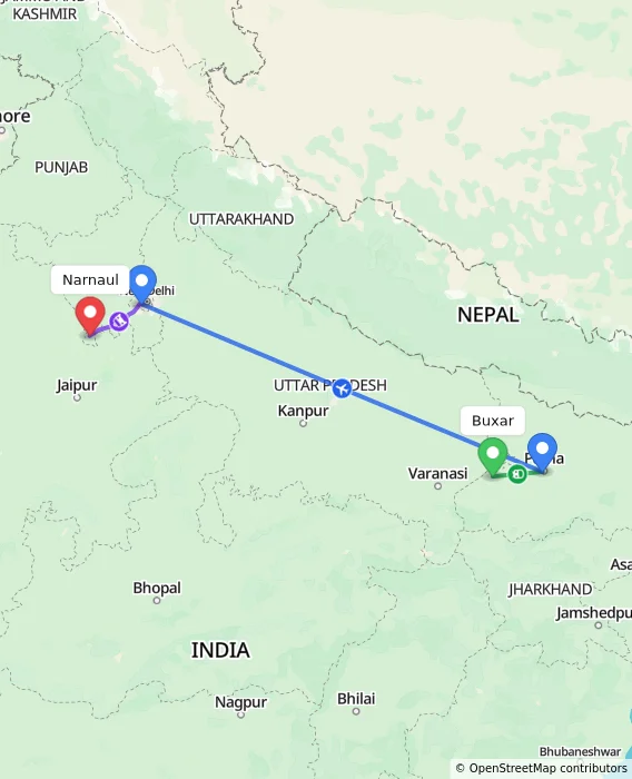Route map showing distance and travel time from Buxar, India to Narnaul, India