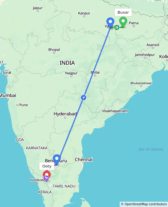 Route map showing distance and travel time from Buxar, India to Ooty, India