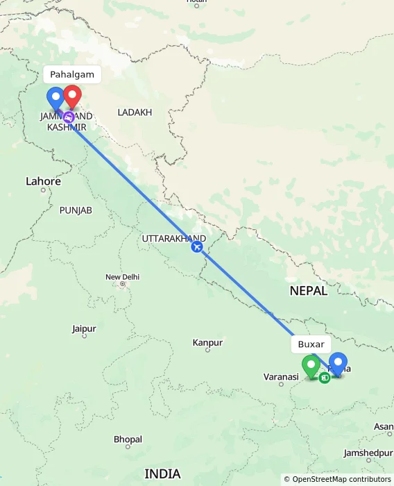Route map showing distance and travel time from Buxar, India to Pahalgam, India