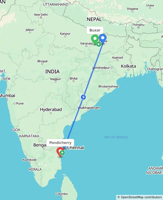 Route map showing distance and travel time from Buxar, India to Puducherry, India