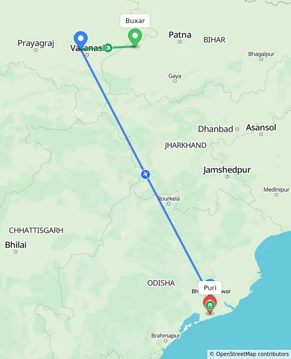 Route map showing distance and travel time from Buxar, India to Puri, India