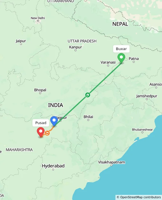 Route map showing distance and travel time from Buxar, India to Pusad, India