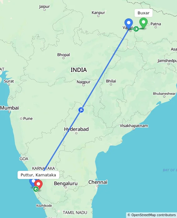 Route map showing distance and travel time from Buxar, India to Puttur, Karnataka, India