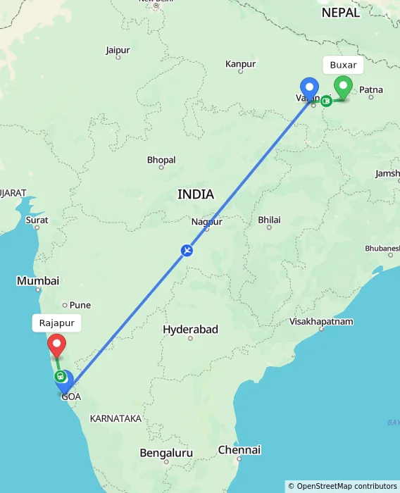 Route map showing distance and travel time from Buxar, India to Rajapur, India
