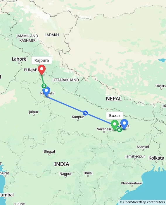 Route map showing distance and travel time from Buxar, India to Rajpura, India