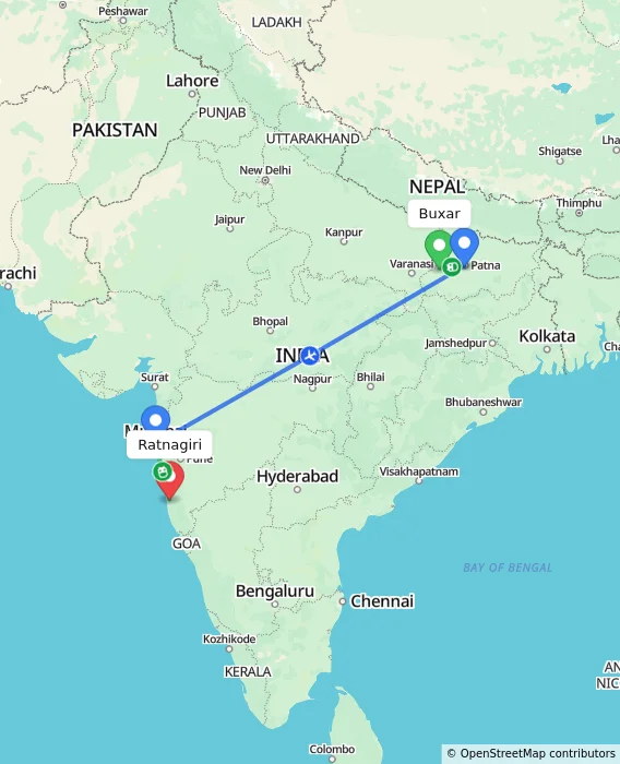 Route map showing distance and travel time from Buxar, India to Ratnagiri, India