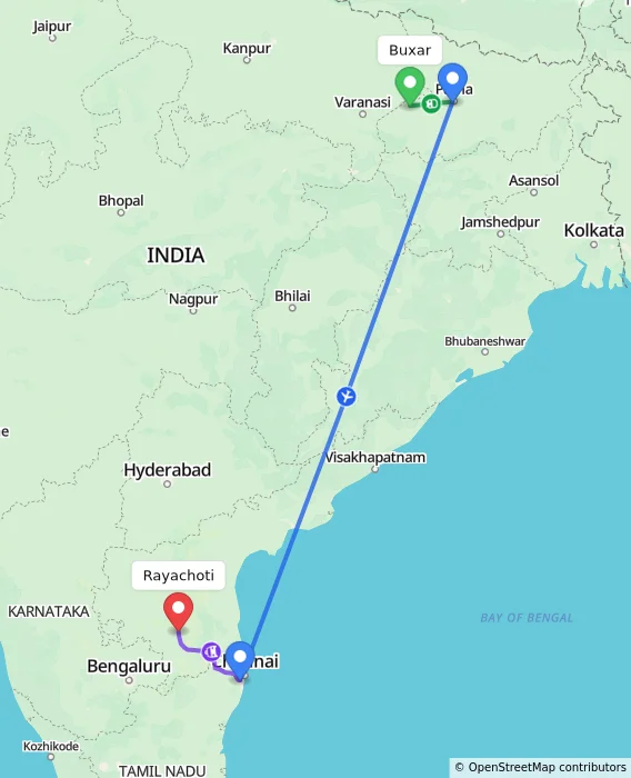 Route map showing distance and travel time from Buxar, India to Rayachoti, India