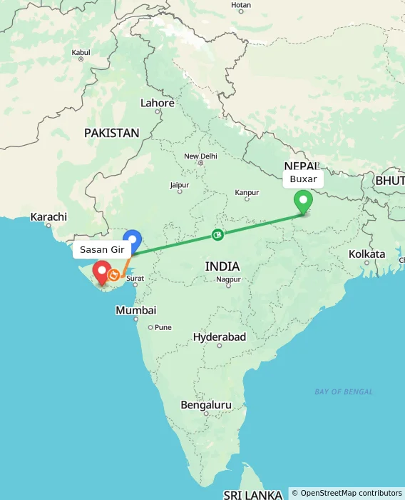 Route map showing distance and travel time from Buxar, India to Sasan Gir, India